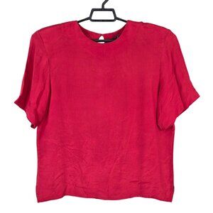 Womens Preston & York Red 100% Silk Blouse Short Sleeve Back Button Keyhole 14